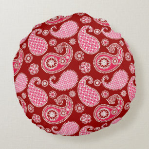 Paisley-Muster, Dunkelrot, Rosa und Weiß Rundes Kissen