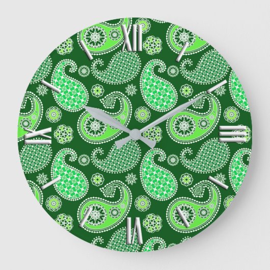 Paisley-Muster, Emerald und Jade Green Große Wanduhr (Vorderseite)