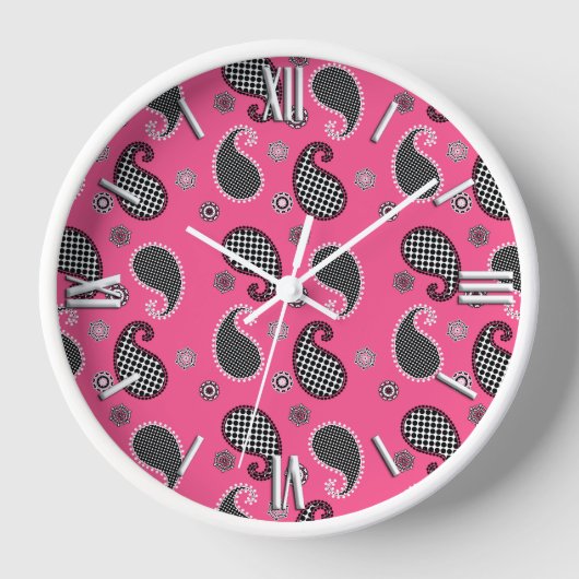 Paisley-Muster, Fuchsia-Rosa, Schwarz und Weiß Uhr (Vorderseite)
