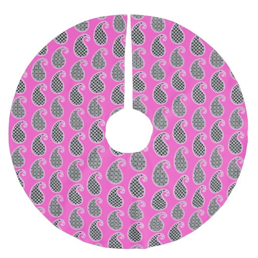 Paisley-Muster, Fuchsienrosa, Schwarz-Weiß Polyester Weihnachtsbaumdecke (Vorderseite)