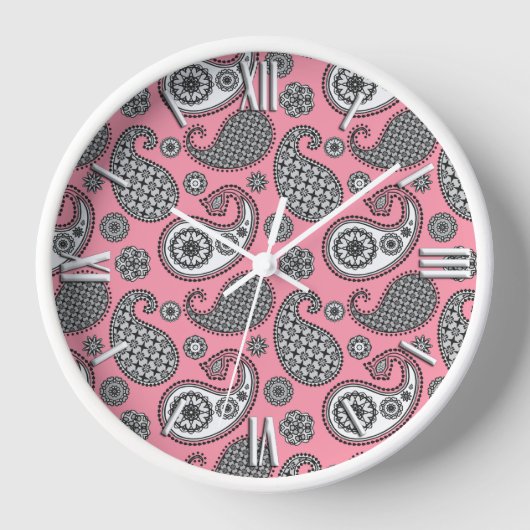 Paisley-Muster, grau auf Rosa Uhr (Vorderseite)