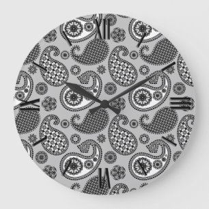 Paisley-Muster, grau, schwarz und weiß Große Wanduhr