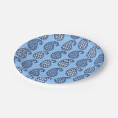 Paisley-Muster, Himmelblau, Marine und weiß Pappteller (Schrägansicht)