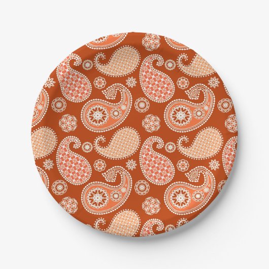Paisley-Muster, Mandarin Orange und Weiß Pappteller (Vorderseite)