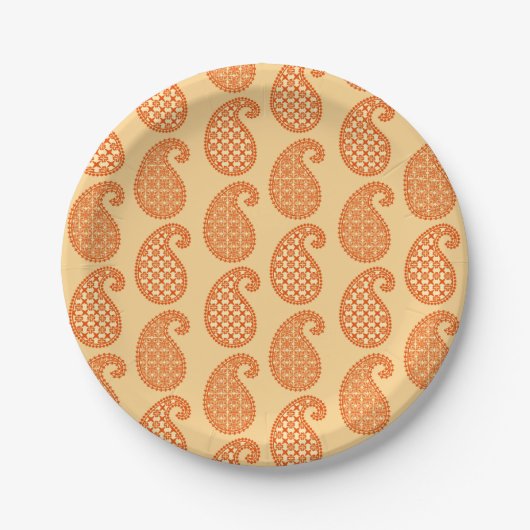 Paisley-Muster, Mandarin und Pastellorange Pappteller (Vorderseite)