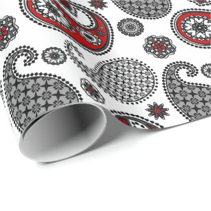 Paisley-Muster, Schwarz, Weiß und Rot Geschenkpapier