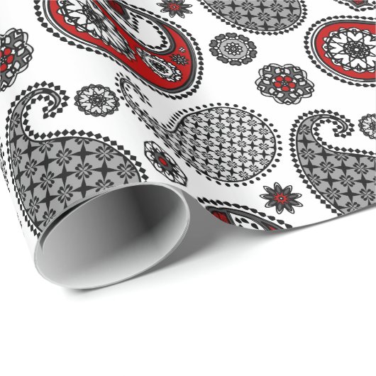 Paisley-Muster, Schwarz, Weiß und Rot Geschenkpapier (Rolleneckpunkt)