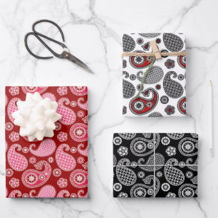 Paisley-Muster, Schwarz, Weiß und Rot  Geschenkpapier Set