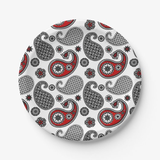 Paisley-Muster, Schwarz, Weiß und Rot Pappteller (Vorderseite)