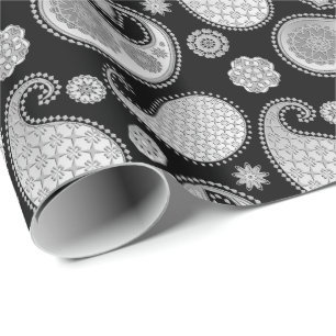 Paisley-Muster, silbernes Grau/Grau auf Schwarzem Geschenkpapier