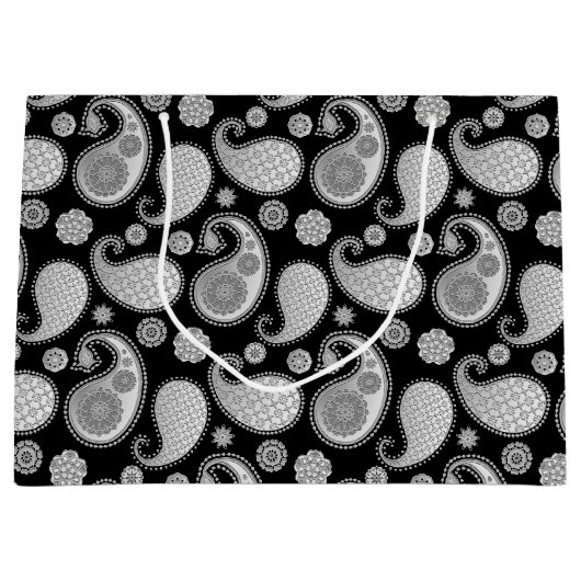 Paisley-Muster, silbernes Grau/Grau auf Schwarzem Große Geschenktüte (Vorderseite)