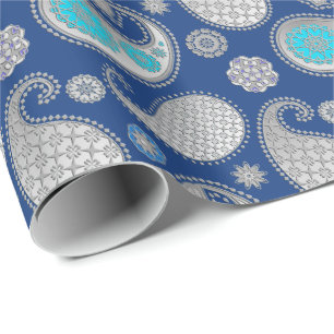 Paisley Muster, Silver Gray / Grau auf Cobalt Blue Geschenkpapier