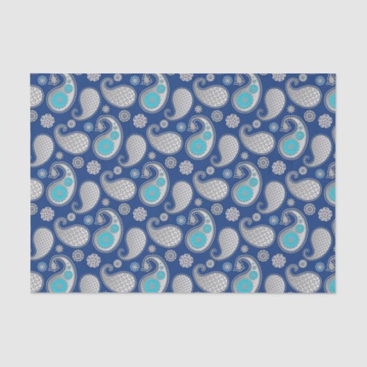 Paisley Muster, Silver Gray / Grau auf Cobalt Blue Seidenpapier (Vorderseite)