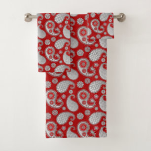 Paisley-Muster, Silver Gray / Grau auf Deep Red Badhandtuch Set