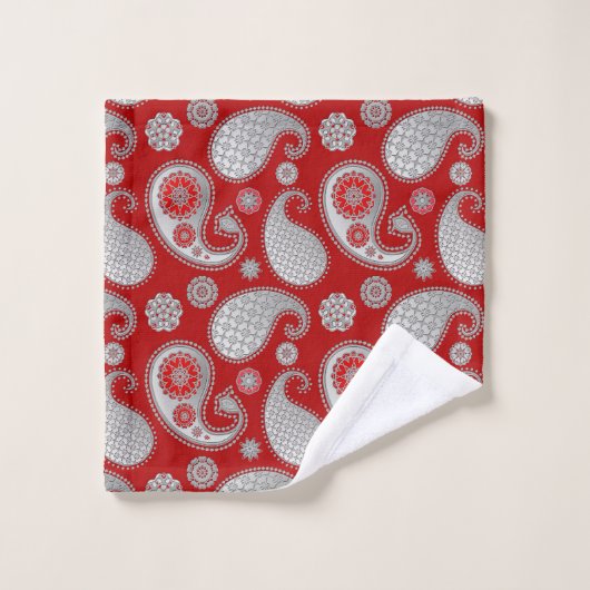 Paisley-Muster, Silver Gray / Grau auf Deep Red Badhandtuch Set (Waschlappen)