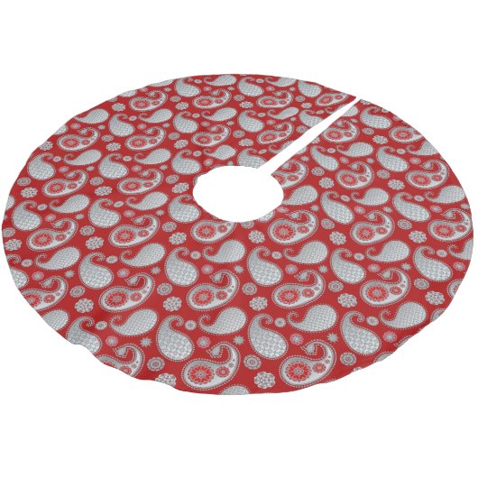 Paisley-Muster, Silver Gray / Grau auf Deep Red Polyester Weihnachtsbaumdecke (Schrägansicht)