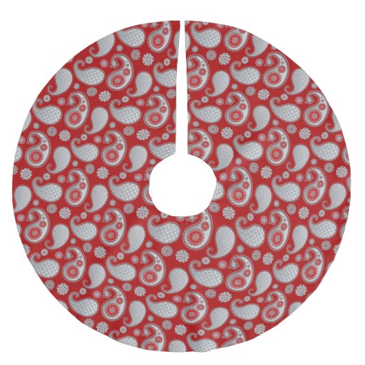 Paisley-Muster, Silver Gray / Grau auf Deep Red Polyester Weihnachtsbaumdecke (Vorderseite)