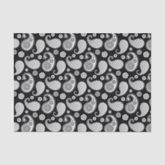 Paisley-Muster, Silver Gray / Grau auf Schwarz Seidenpapier (Vorderseite)