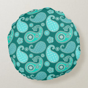Paisley-Muster, Türkis, Aqua und Weiß Rundes Kissen