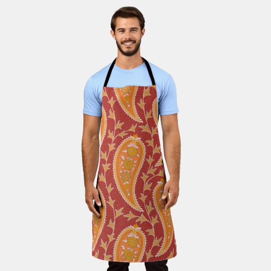 Paisley-Muster. Türkische Gurke. Maroon-orange Schürze (Getragen)