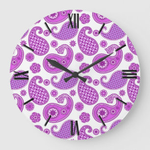Paisley-Muster, violett, lila und weiß Große Wanduhr