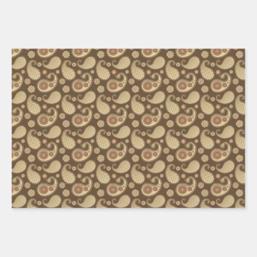 Paisley-Muster, weiches Gold auf Braun, Grün und R Geschenkpapier Set (Vorderseite)