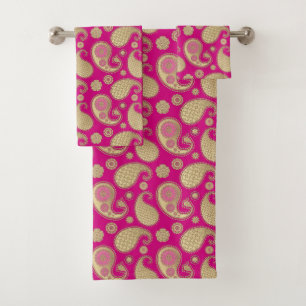 Paisley Muster, weiches Gold auf Deep Fuchsia Pink Badhandtuch Set