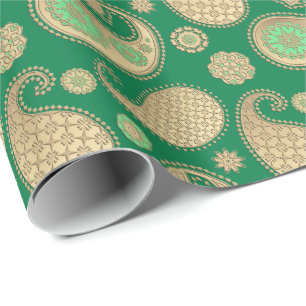 Paisley-Muster, weiches Gold auf Smaragdgrün Geschenkpapier