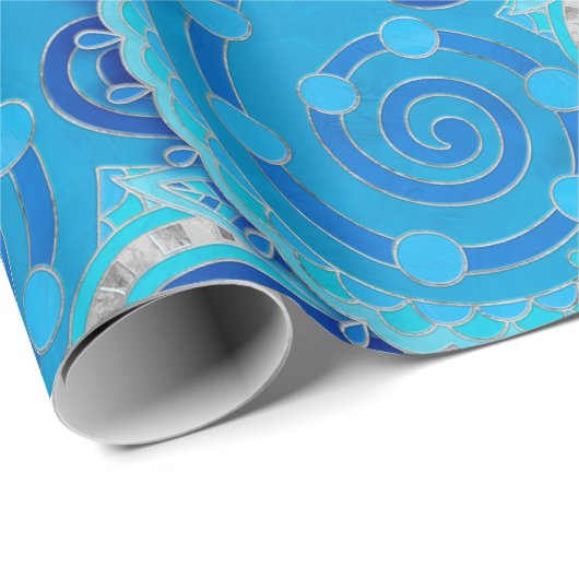 Paisley Ornament - Sky Blue und Silber Geschenkpapier (Rolleneckpunkt)