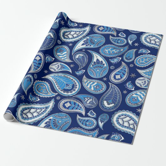 Paisley Pattern - Blau und Silber Geschenkpapier (Ungerollt)