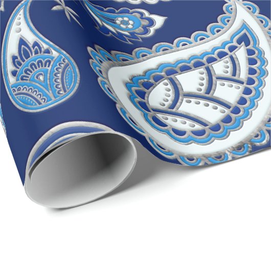 Paisley Pattern - Blau und Silber Geschenkpapier (Rolleneckpunkt)