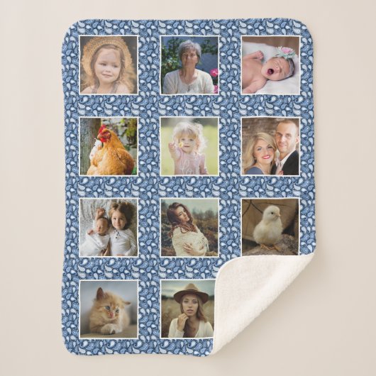 Paisley Pattern Blue Custom Family Foto Collage Sherpadecke (Vorderseite)
