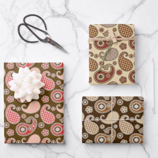 Paisley Pattern, Brown, Beige und Korallenorange Geschenkpapier Set (Vorderseite)