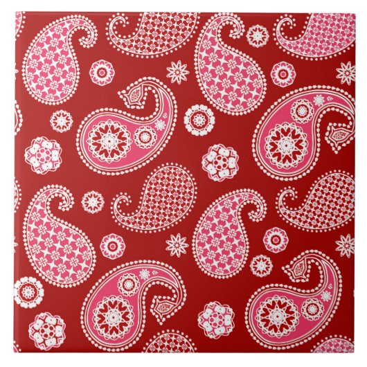 Paisley Pattern, Dunkelrot, Weiß und Korallenrosa Fliese (Vorderseite)