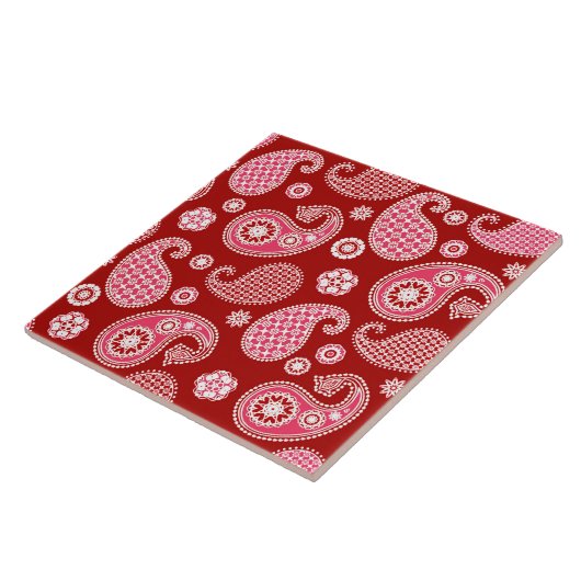 Paisley Pattern, Dunkelrot, Weiß und Korallenrosa Fliese (Seite)