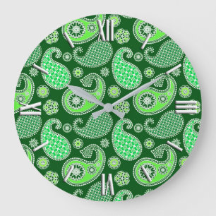 Paisley pattern, Emerald and Jade Green Große Wanduhr