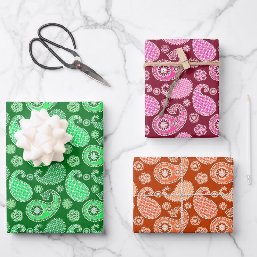 Paisley Pattern, Emerald, Burgund & Orange Geschenkpapier Set (Vorderseite)