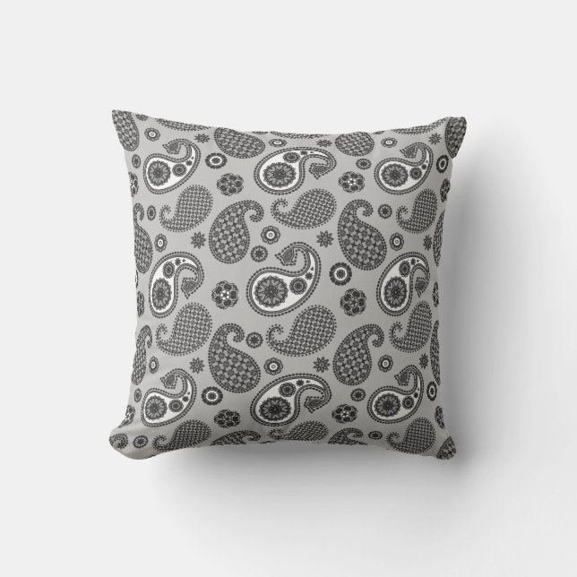 Paisley Pattern, grau, schwarz und weiß Kissen (Vorderseite)