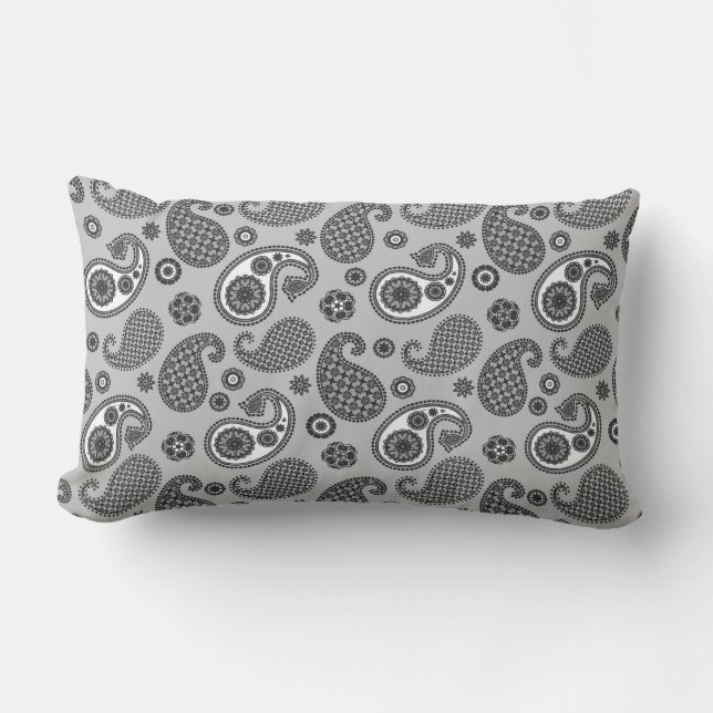 Paisley Pattern, grau, schwarz und weiß Lendenkissen (Vorderseite)