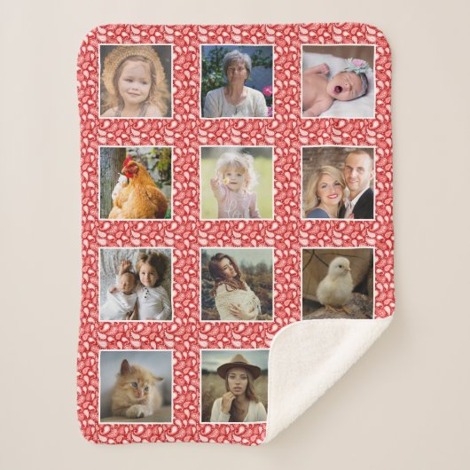 Paisley Pattern Red Custom 12 Familie Foto Collage Sherpadecke (Vorderseite)
