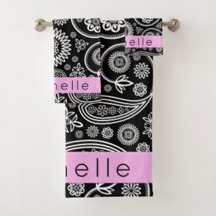 Paisley Pattern, Schwarz und Weiß, Ihr Name Badhandtuch Set