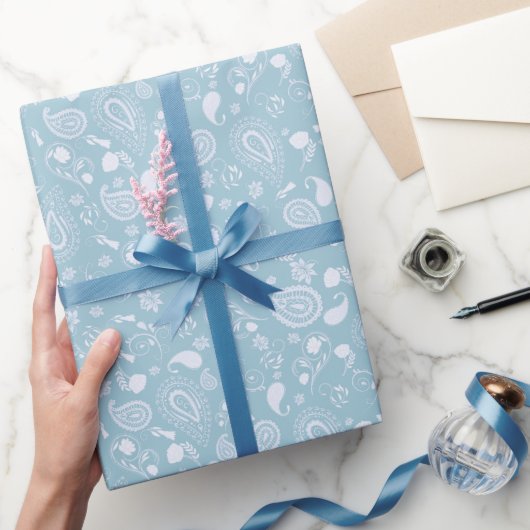 Paisley Pattern White and Blue Wrapping Paper Geschenkpapier (Schenken)