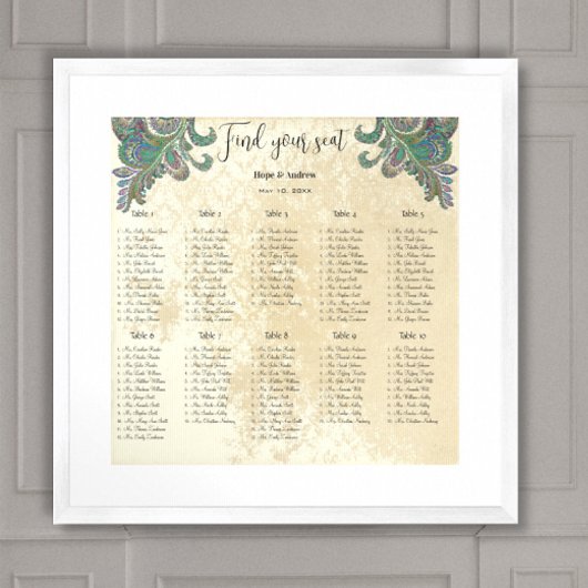 Paisley Peacock Blue Green Seating Chart 10 Tische Poster