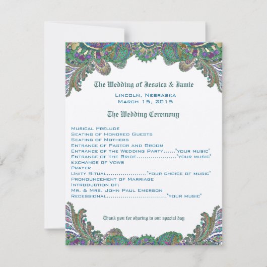 Paisley Peacock Colors Wedding Program Einladung (Vorderseite)