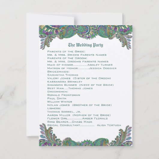Paisley Peacock Colors Wedding Program Einladung (Rückseite)