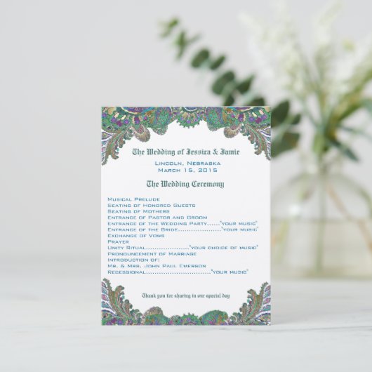 Paisley Peacock Colors Wedding Program Einladung (Stehend Vorderseite)