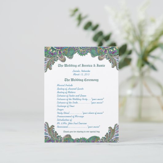 Paisley Peacock Colors Wedding Program Einladung (Stehend Vorderseite)