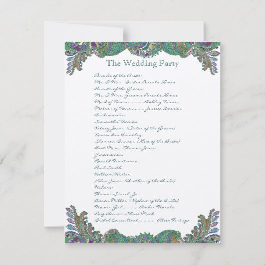 Paisley Peacock Colors Wedding Program Einladung (Rückseite)