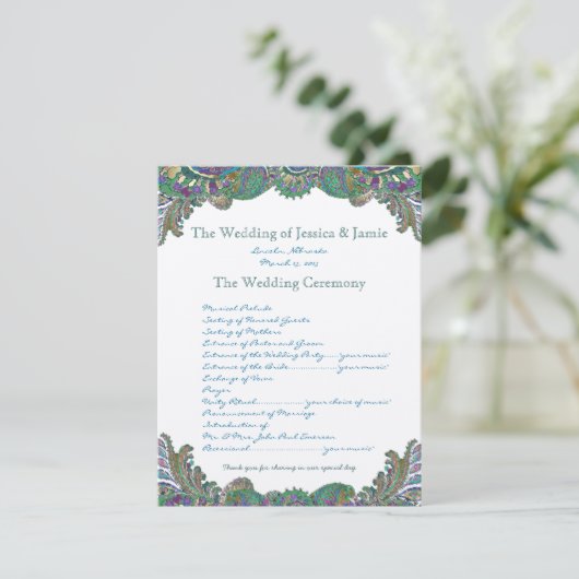 Paisley Peacock Colors Wedding Program Einladung (Stehend Vorderseite)