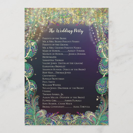 Paisley Peacock Colors Wedding Program Programm (Rückseite)